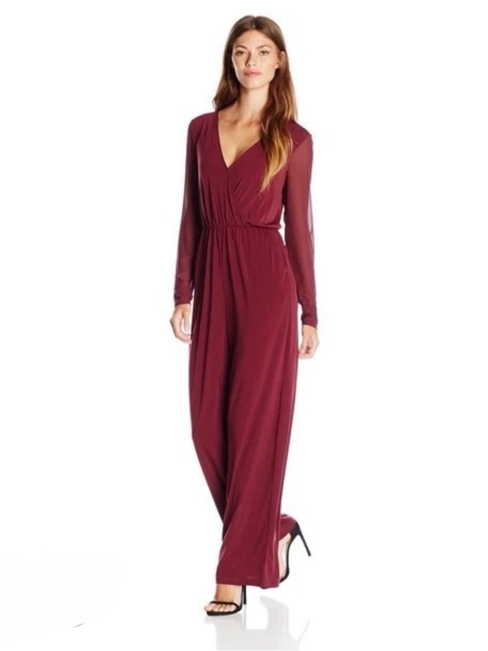 BCBGeneration Long-Sleeve Jumpsuit in Burgundy wide leg size small